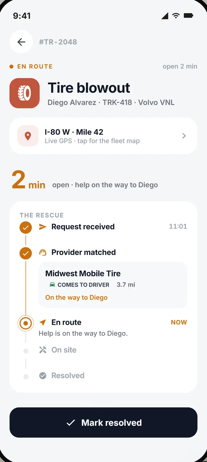 A rescue as the dispatcher follows it: rescue received, provider matched, en route
