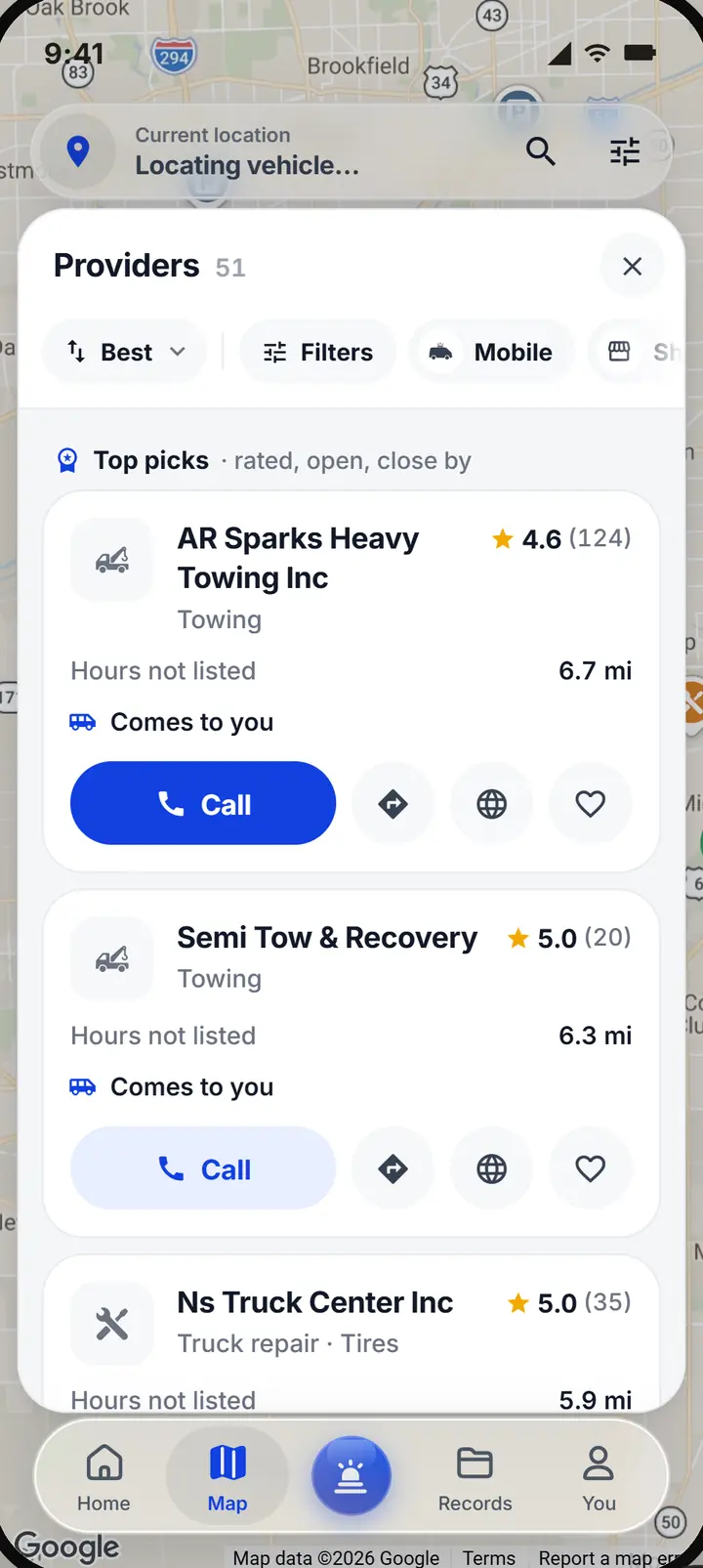 Nearby providers, best first, each saying whether it comes to you, with a Call button