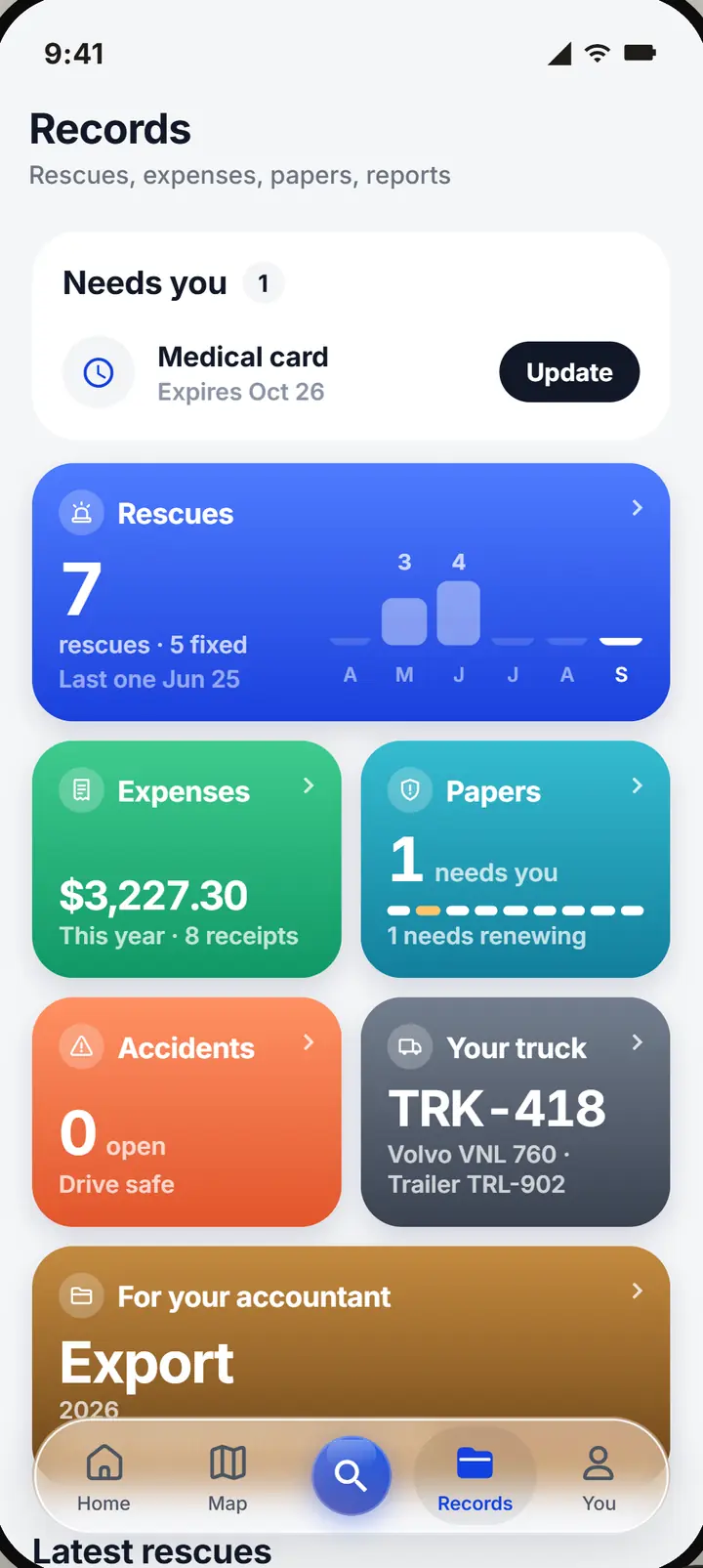 His records: rescues, expenses, documents, accidents, his truck and an export for his accountant