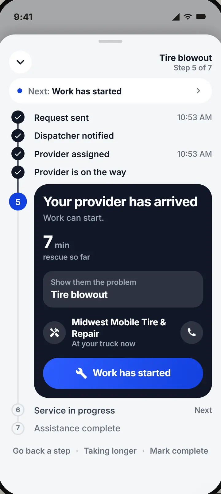 The live rescue: the provider has arrived, and a Work has started button