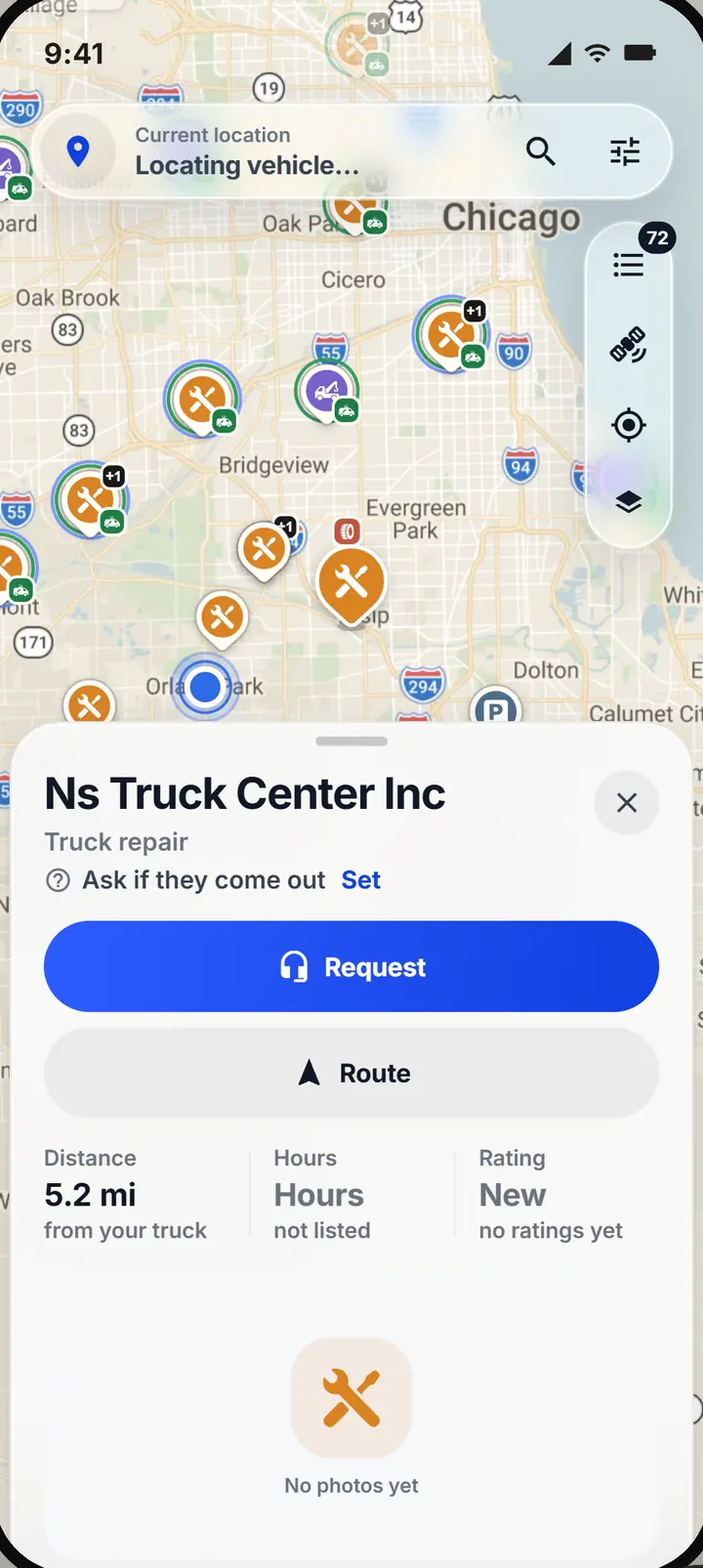 A truck repair shop opened on the map with its distance, a Request button and a Route button