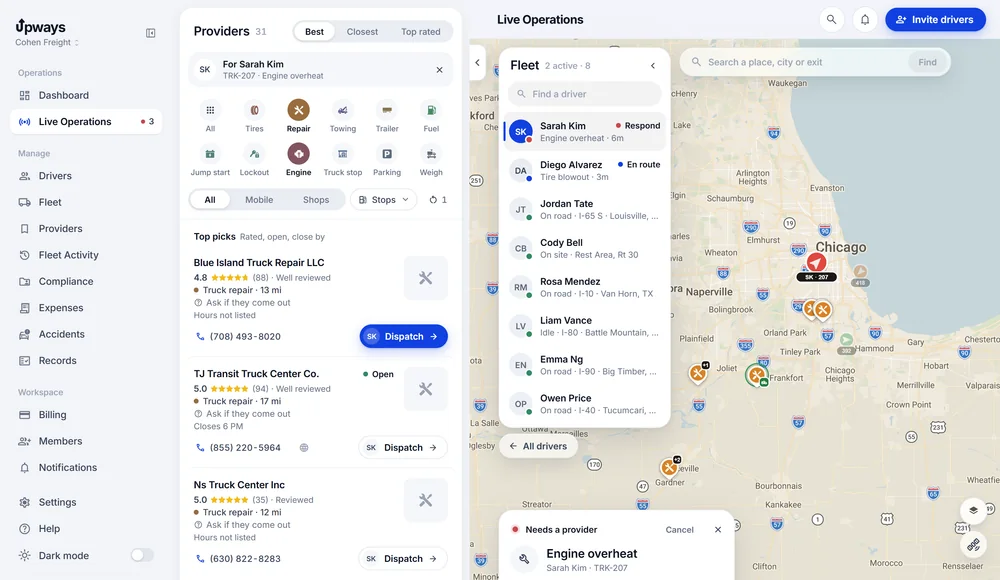 Live Operations: the fleet list, the providers matched to a driver's engine overheat and the map around the truck