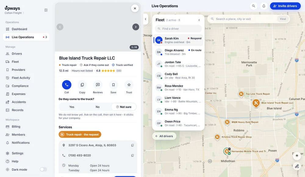 A truck repair shop opened in Live Operations with its phone number, rating, hours and whether it comes to the truck