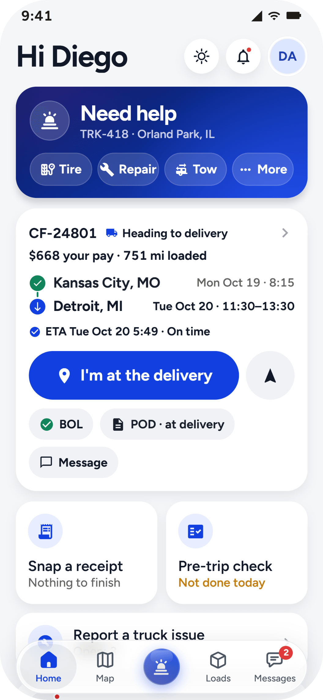 The driver app's Home: Need help with Tire, Repair and Tow, his load to Detroit with his pay, I'm at the delivery, BOL and POD