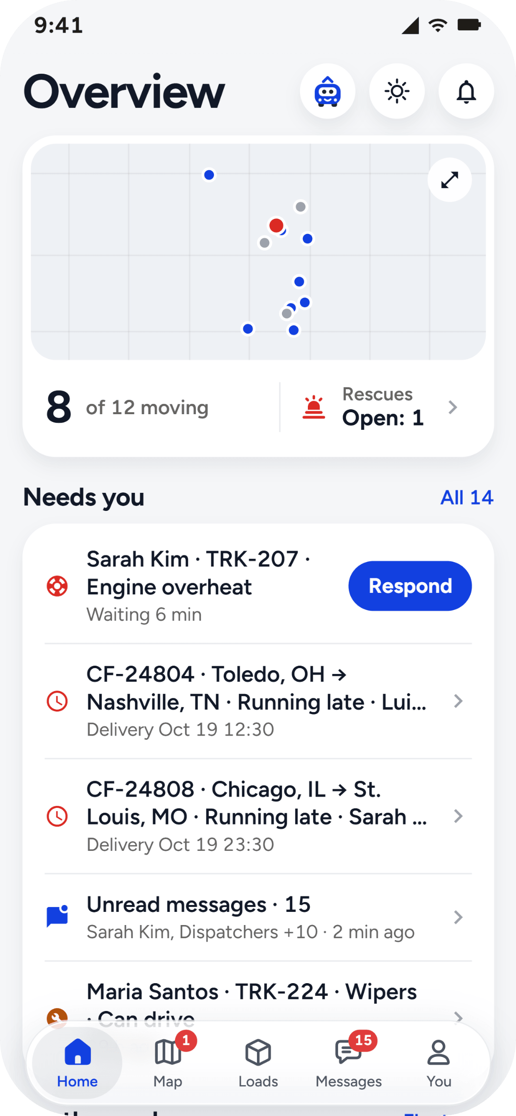 The office app's Overview: the fleet on a small map, 8 of 12 trucks moving, one rescue open, and what needs you first