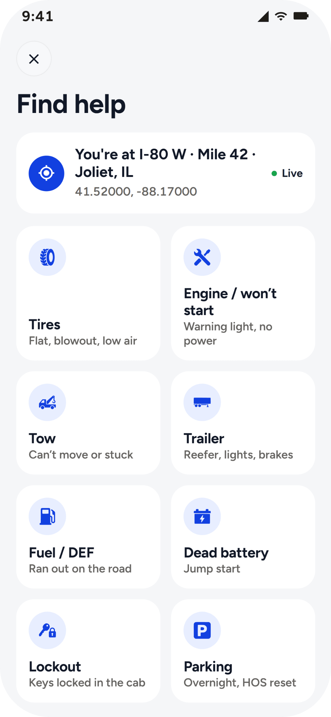 The owner operator app's Find help: where he is, and one tap for tires, the engine, a tow, the trailer, fuel, the battery, a lockout or parking