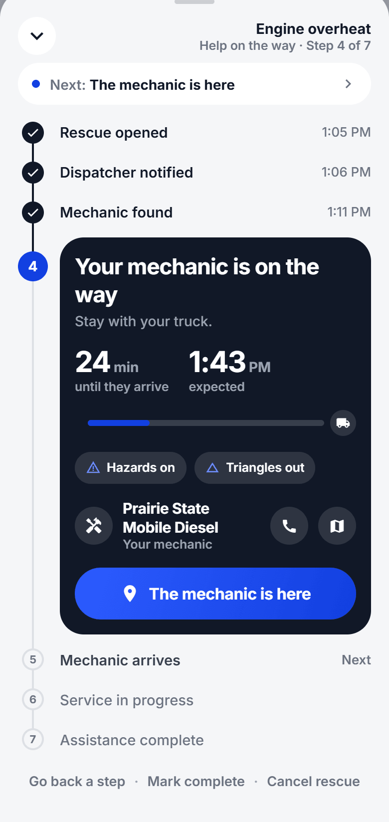 The driver app during a rescue: engine overheat, your mechanic is on the way, stay with your truck, 24 minutes until they arrive
