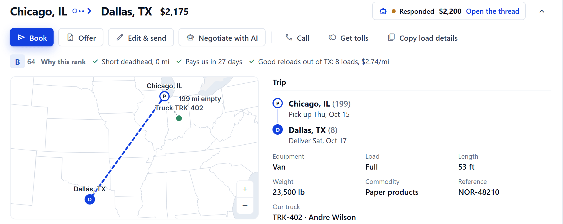 A spot load opened: the route from Chicago to Dallas on a map with the truck's empty miles to the pickup, the trip, the equipment, the load and our truck