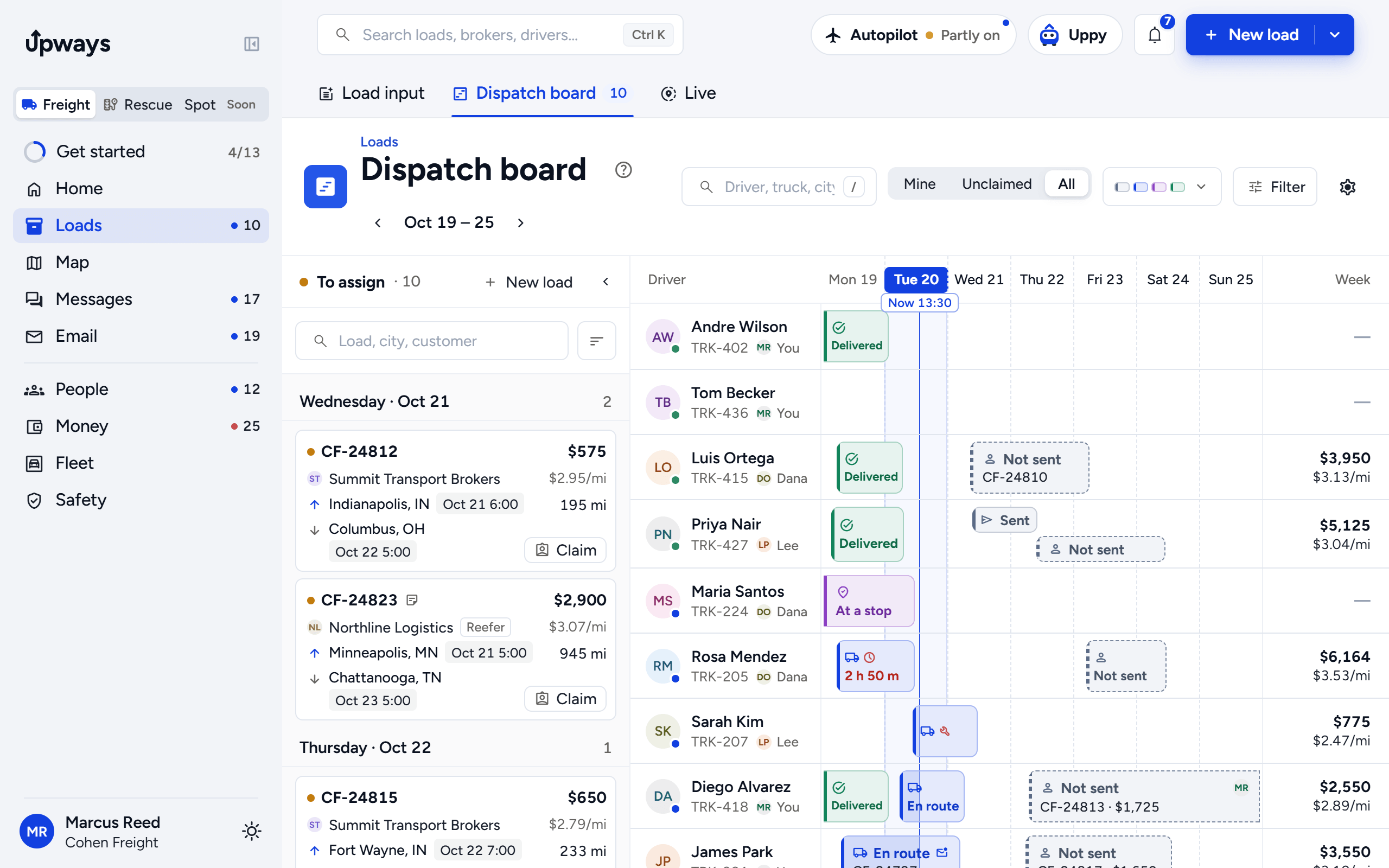 The dispatch board: loads to assign on the left, each driver's week on the right with every load on its day by stage (Delivered, At a stop, En route, Sent, Not sent), the Now line on Tuesday, and each driver's week in dollars and rate per mile